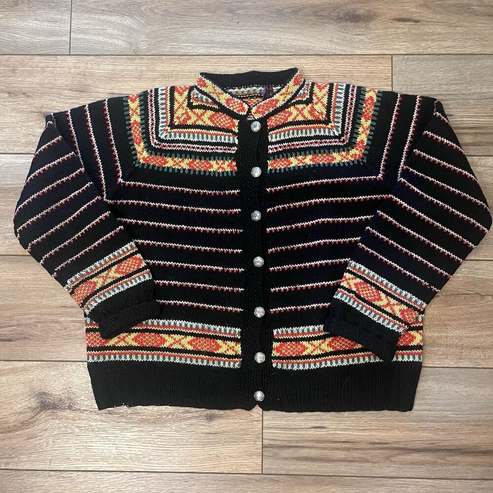 Vintage Husfliden Larvik Norwegian Knit Wool Fair Isle Cardigan Sweater Size M-L